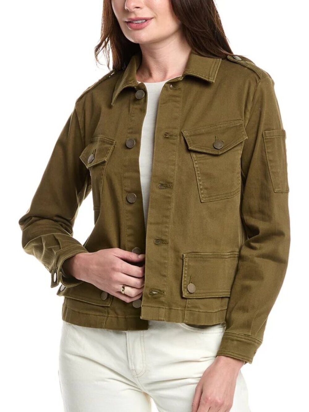 Cabi Evans military jean jacket olive green boxy cotton twill stretch new Medium